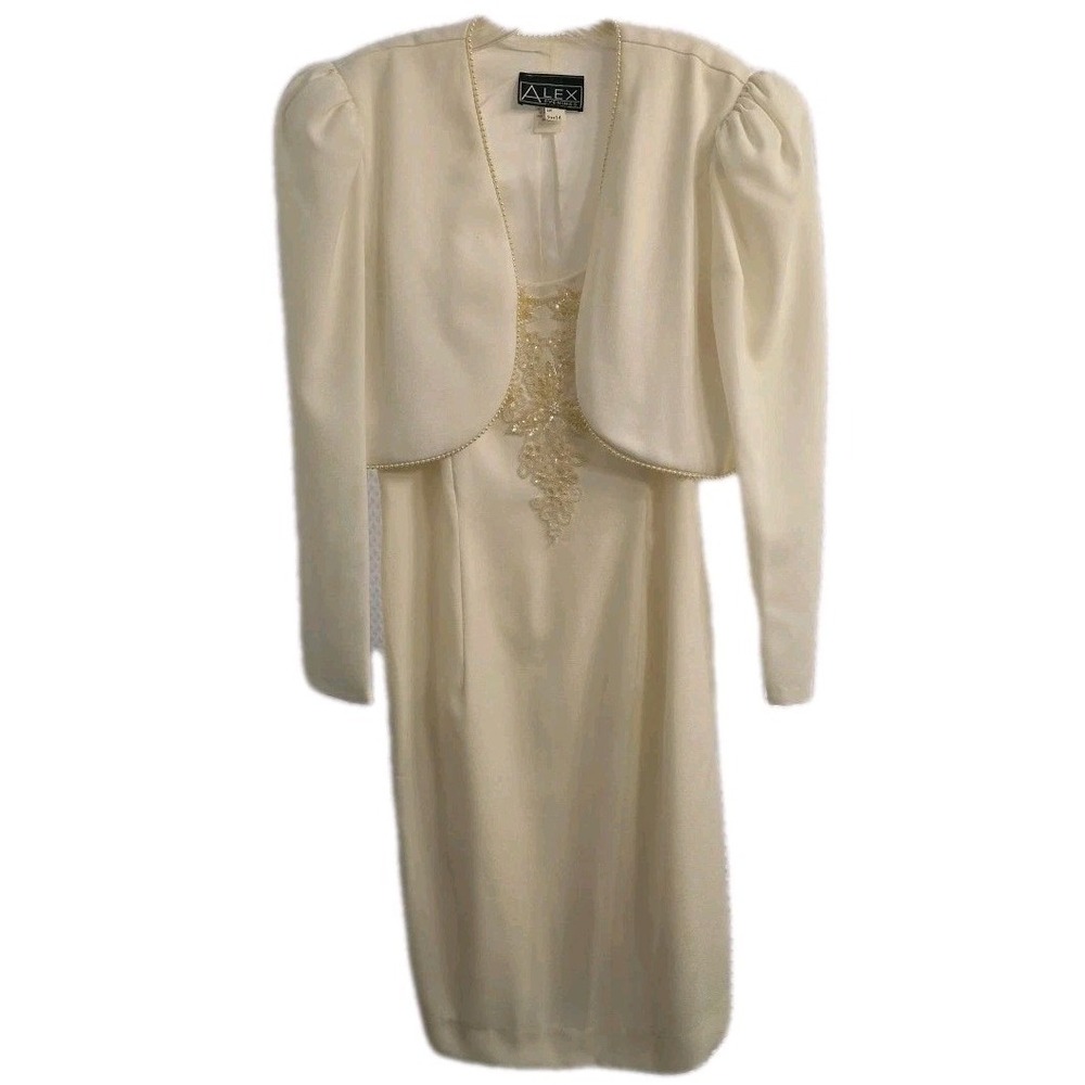 1980s Alex Evenings White Pearls Puffy Sleeve Coat Two Piece Dress‎ Set Size 14